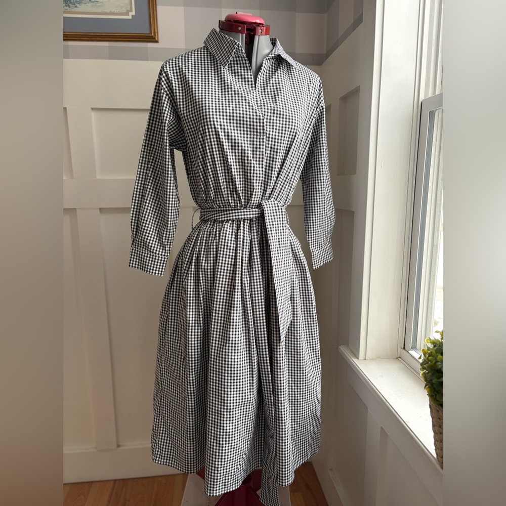 Black & White Gingham Long-Sleeve Belted Shirt Dress